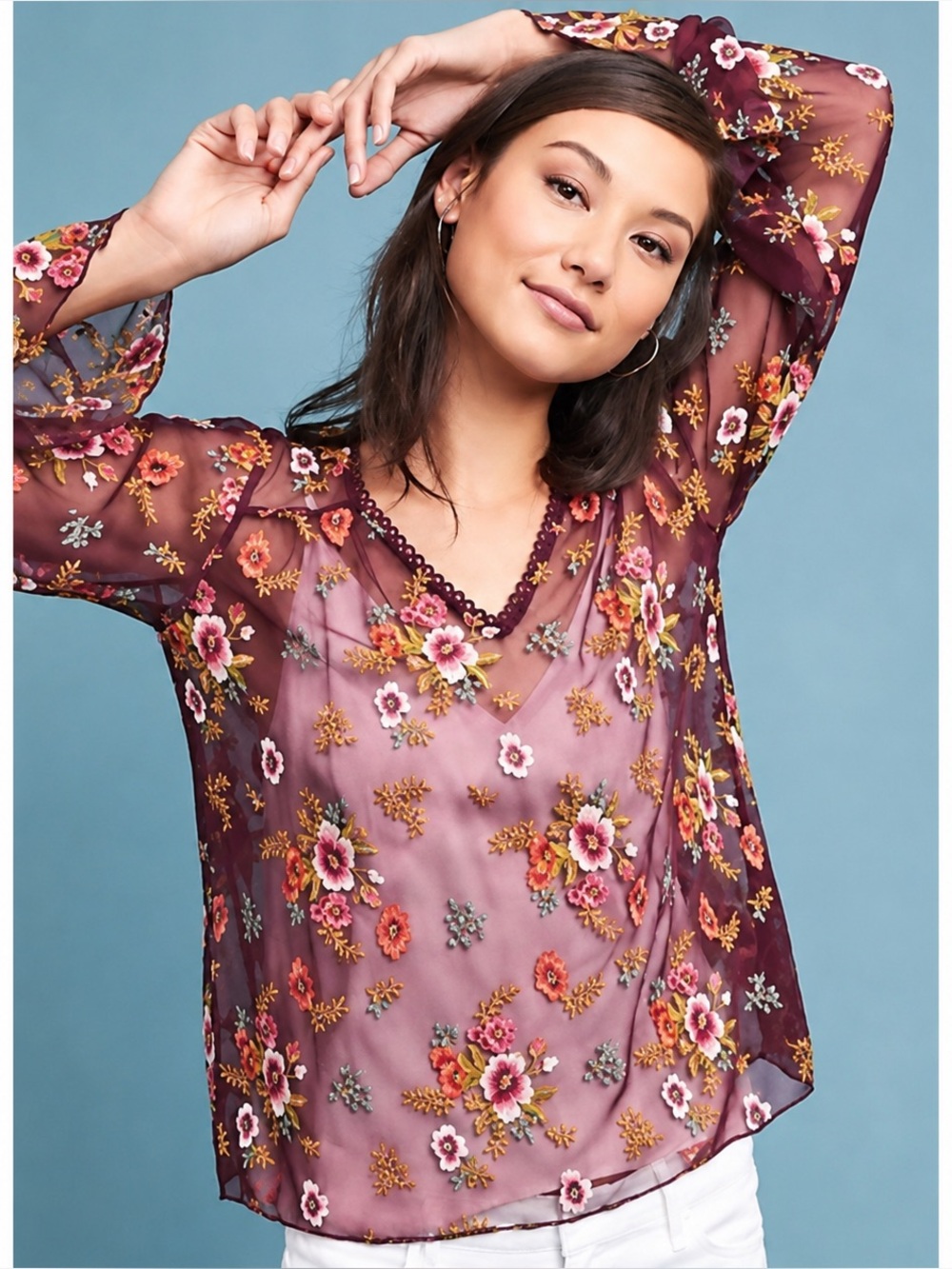 Anthropologie Feather Bone Giralda Sheer Floral Embroidered Top